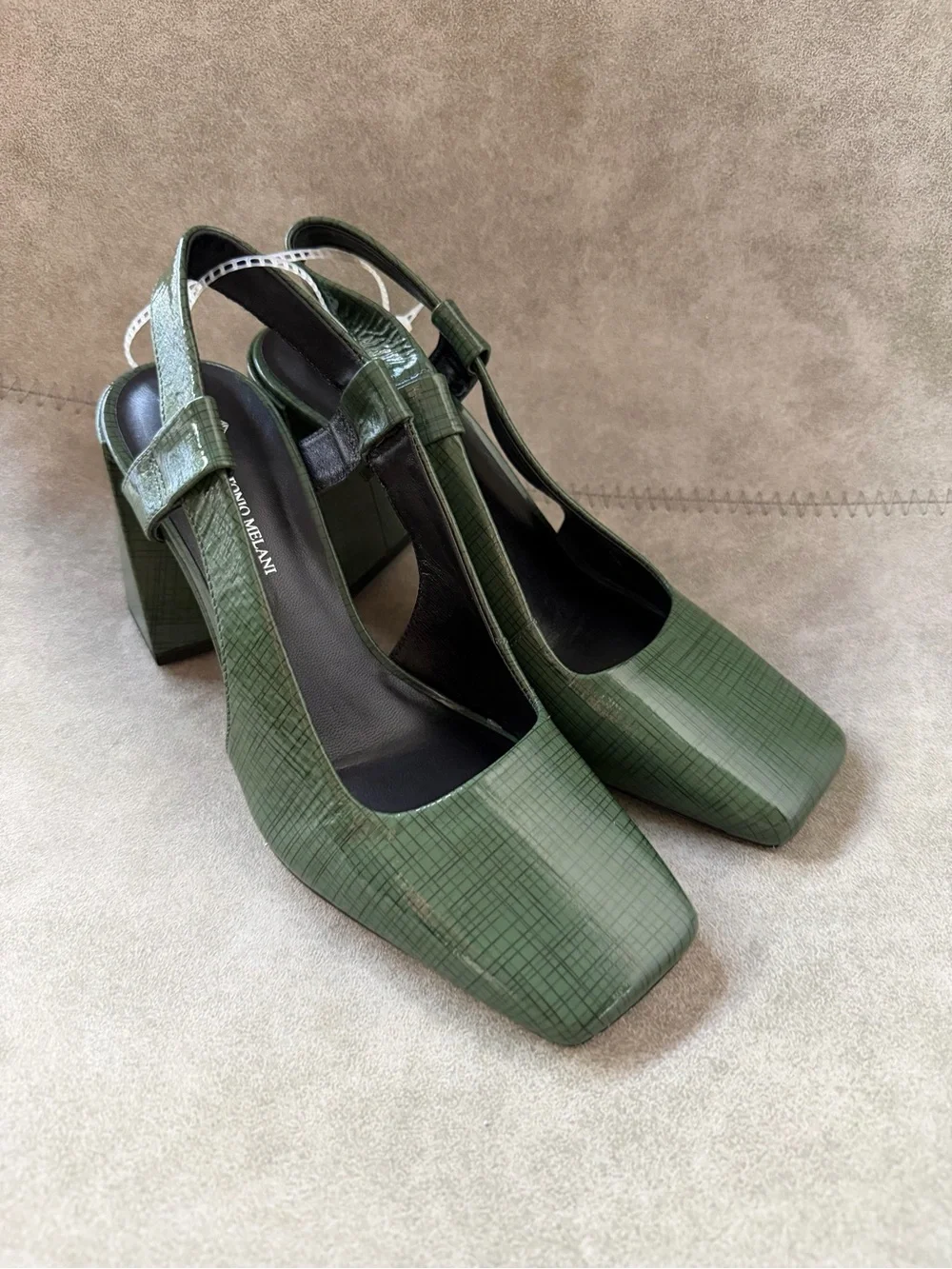 NWT Antonio Melani Salma Printed Patent Leather Slingback Pumps Oxford Green